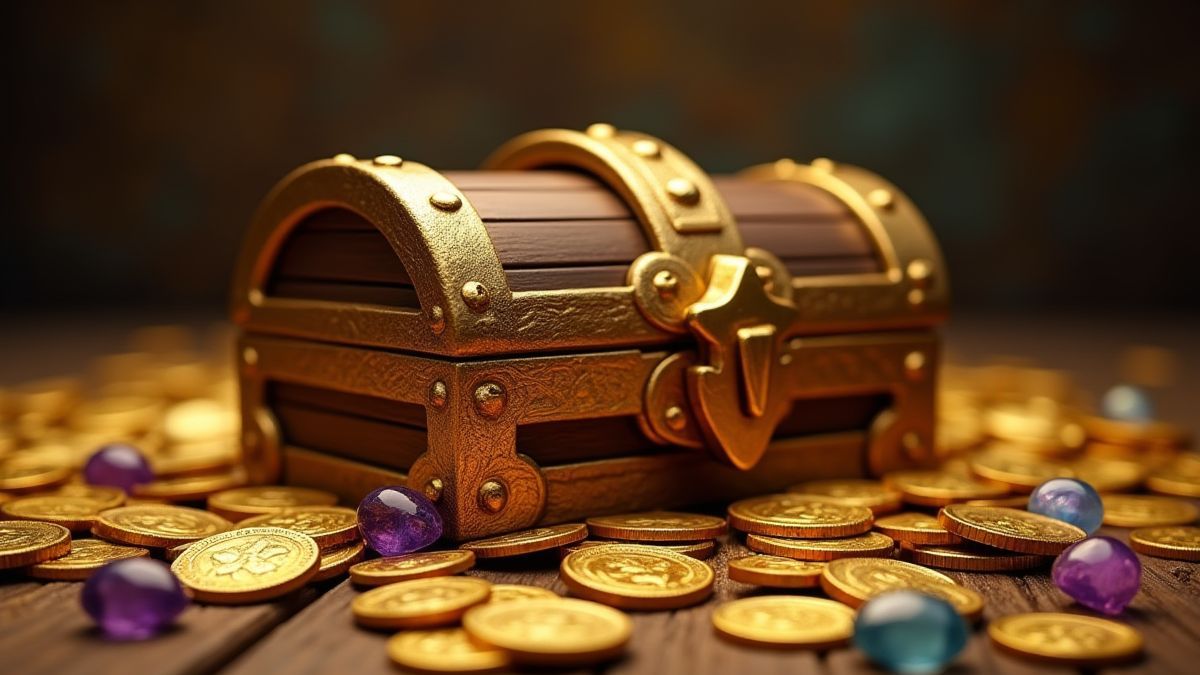 Cofre do tesouro rodeado de moedas de ouro e gemas.