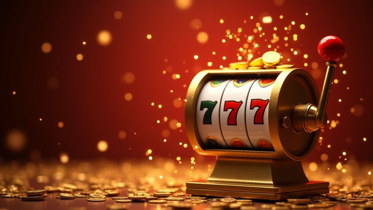 A spinning slot machine surrounded by golden sparkles and coins.