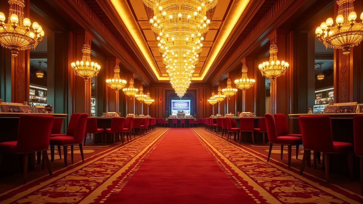 A luxurious casino lobby with golden chandeliers and red carpets.