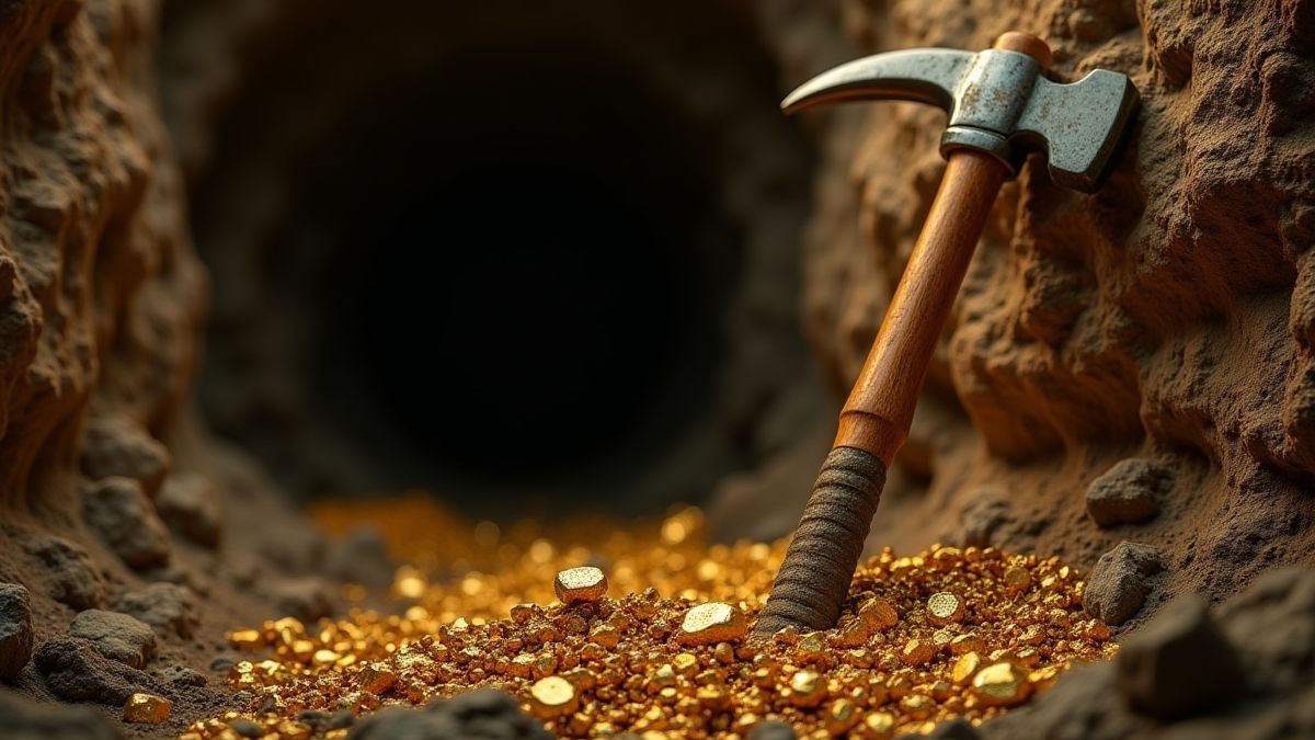 Un pico apoyado en una pila de pepitas de oro dentro de una mina.