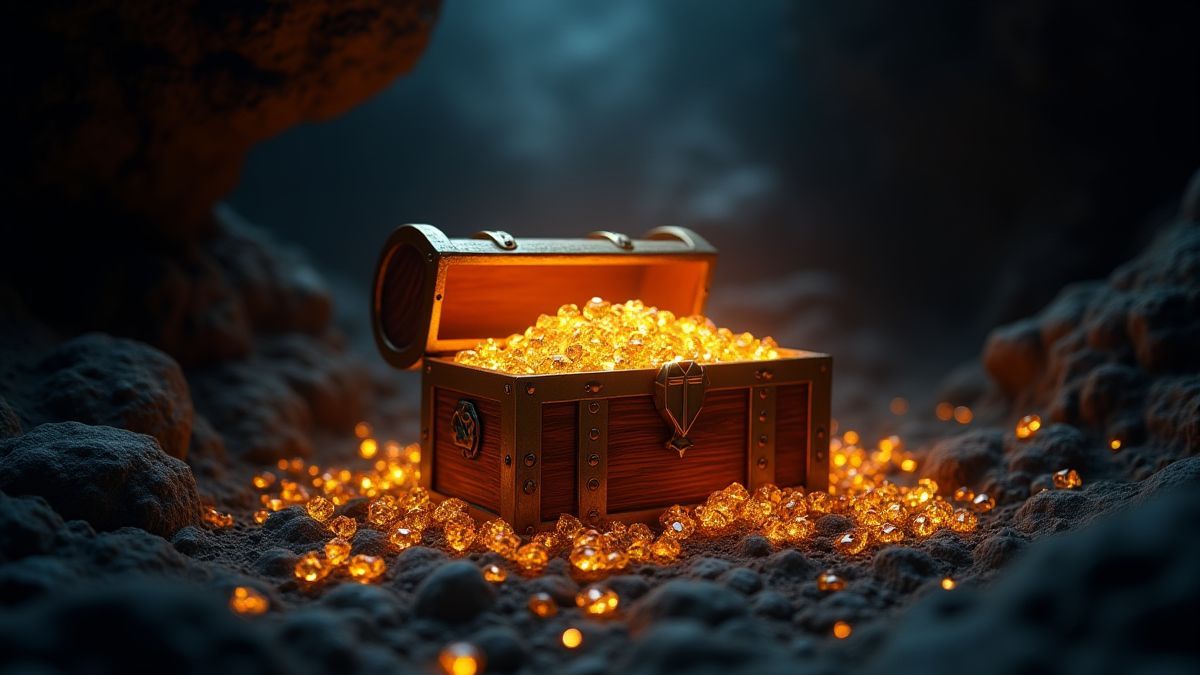 Un cofre del tesoro brillante rodeado de diamantes y oro en una cueva oscura.