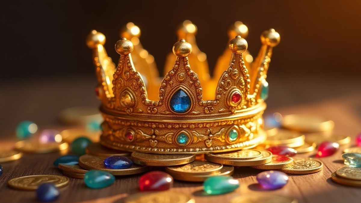 Corona dorada rodeada de monedas y joyas.