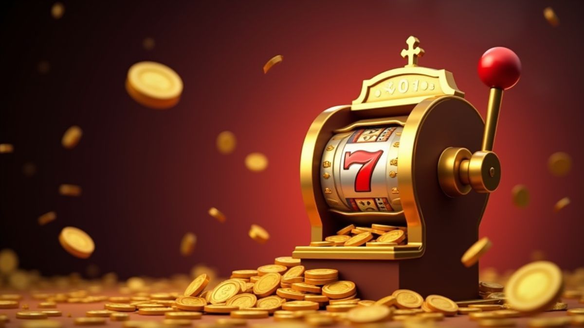 Máquina tragamonedas girando con monedas doradas saliendo.