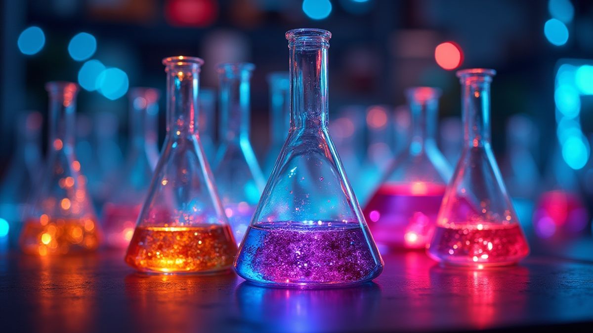 Laboratorio de química lleno de matraces de colores vibrantes.