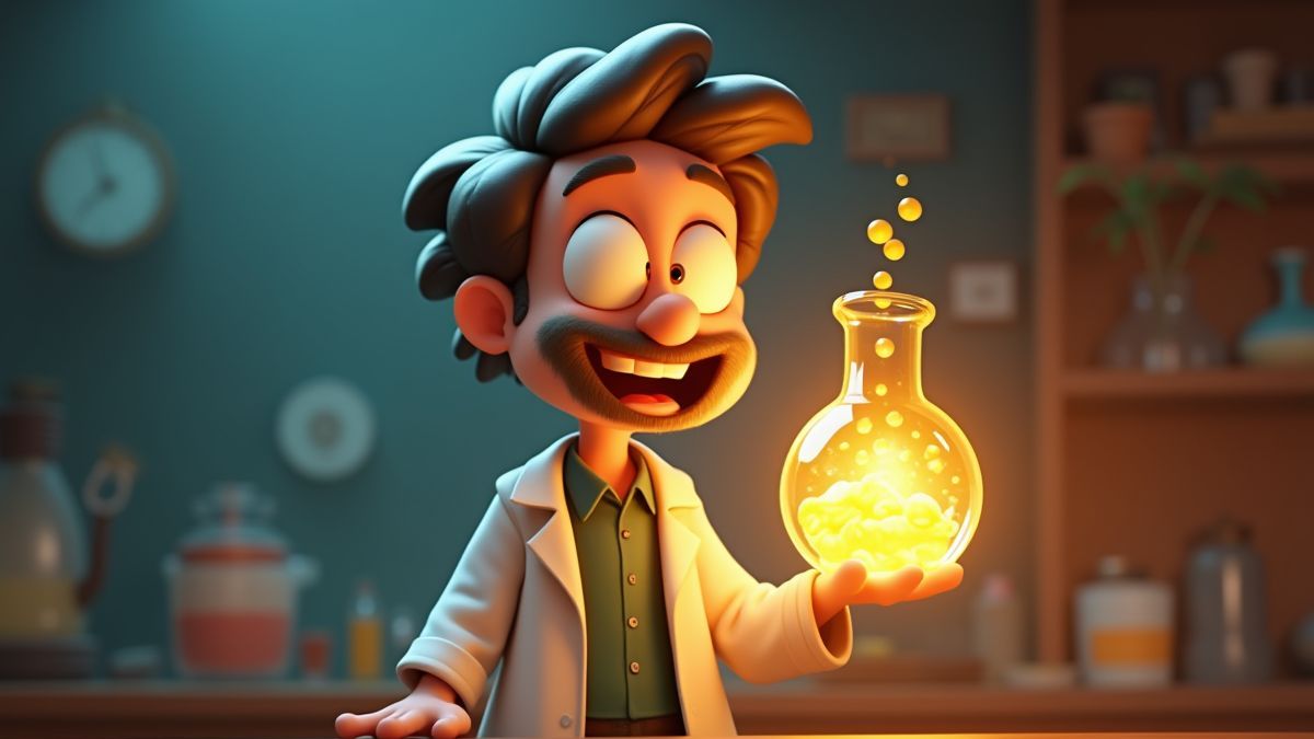 Científico animado sosteniendo un frasco con líquido dorado.