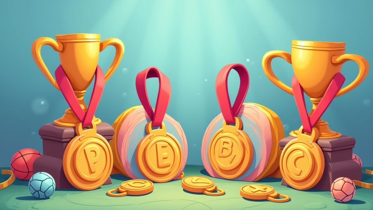 Animated sports equipment with medals and trophies
