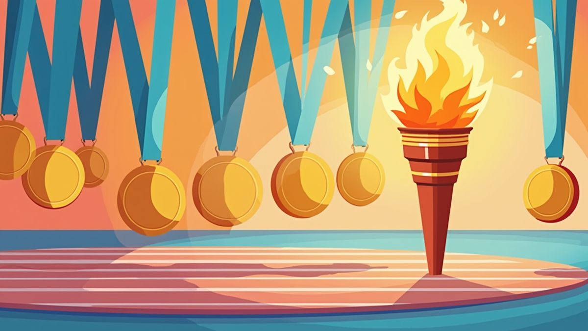 Medals and torch in animated style on colorful background