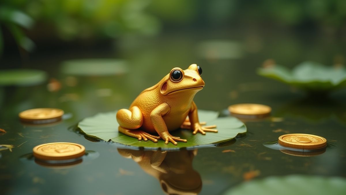 Ein goldener Frosch auf einem Lotusblatt in einem ruhigen Teich
