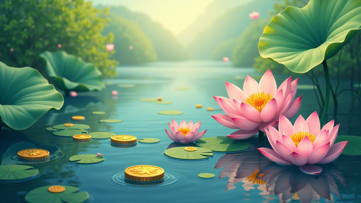 Lotusblumen und Glücksmünzen, die in einem Teich schwimmen