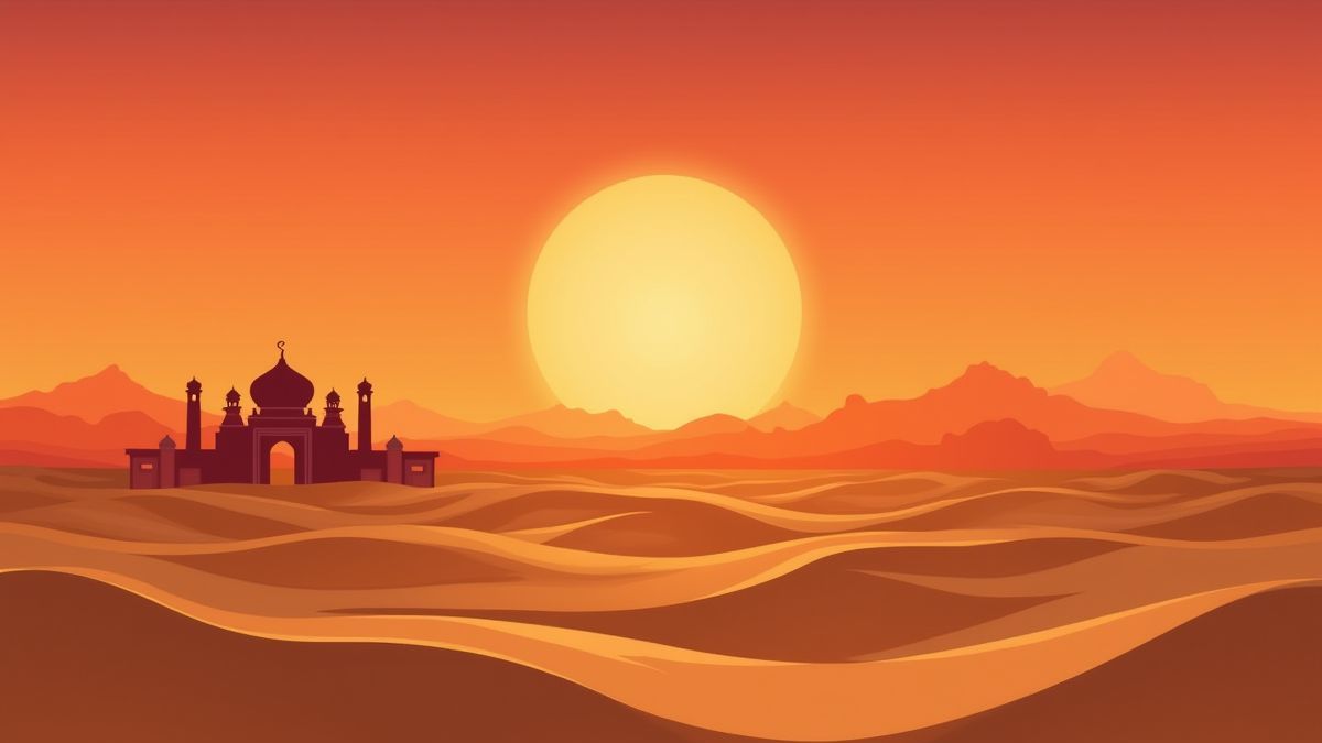 Atardecer en el desierto con un palacio persa al fondo.