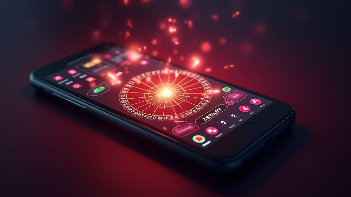 Mobilgerät mit Casino-Spieloberfläche und leuchtenden Symbolen.