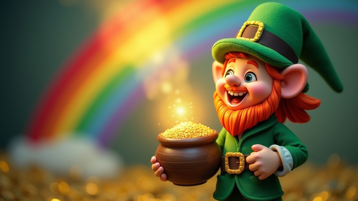 Leprechaun heureux tenant une pot de or près d'un arc-en-ciel brillant.
