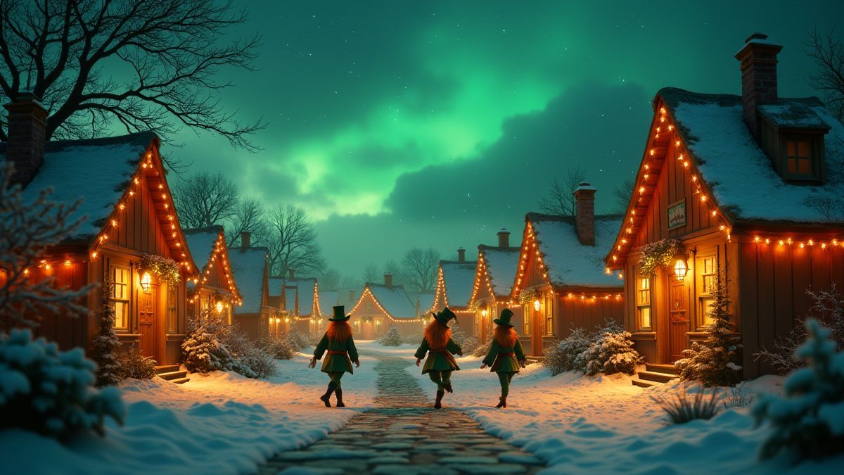 Village irlandais festif avec leprechauns dansant et lumières brillantes.