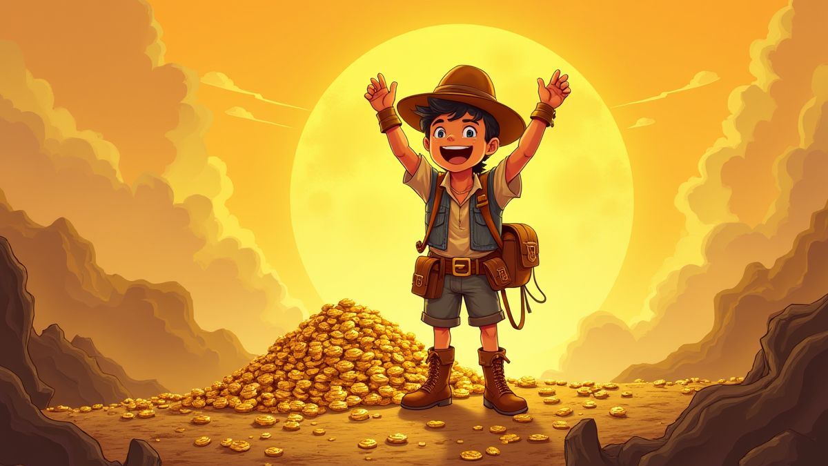 Un cazador de tesoros junto a un montón de oro.