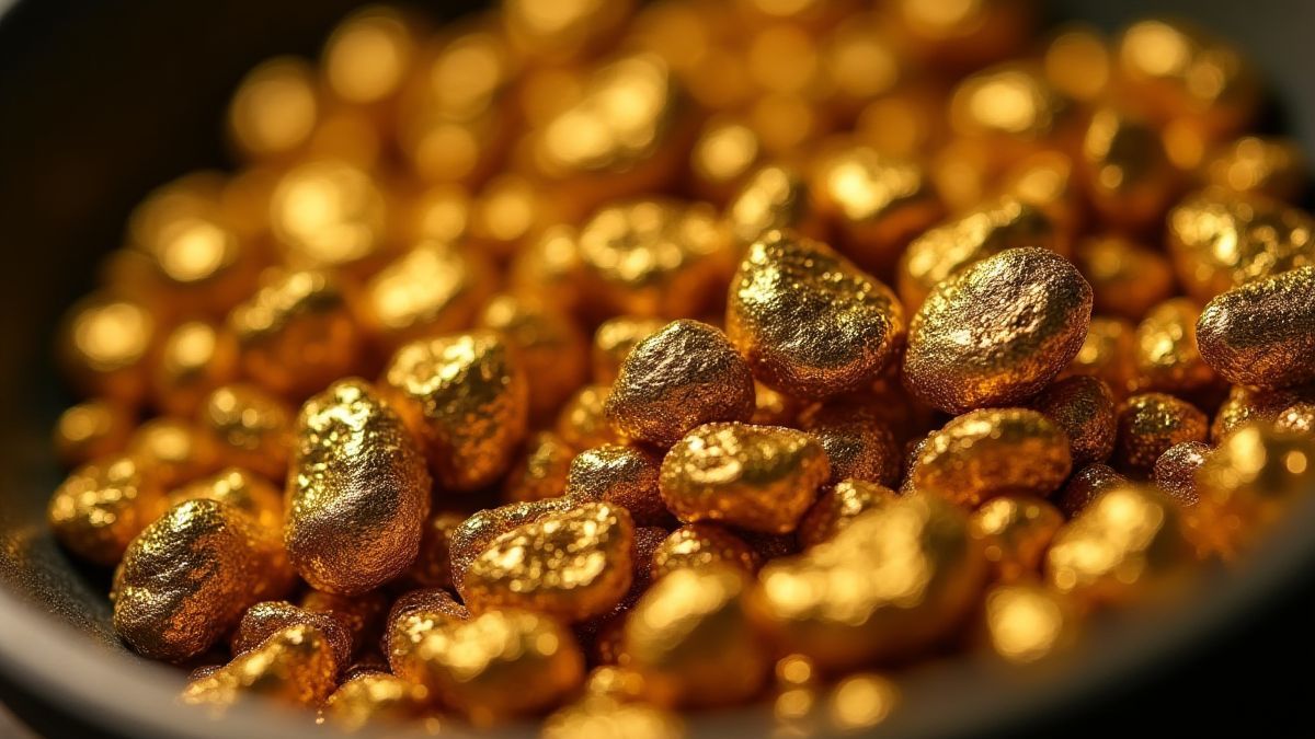 Pepitas de ouro brilhantes dentro de uma batea de minero.