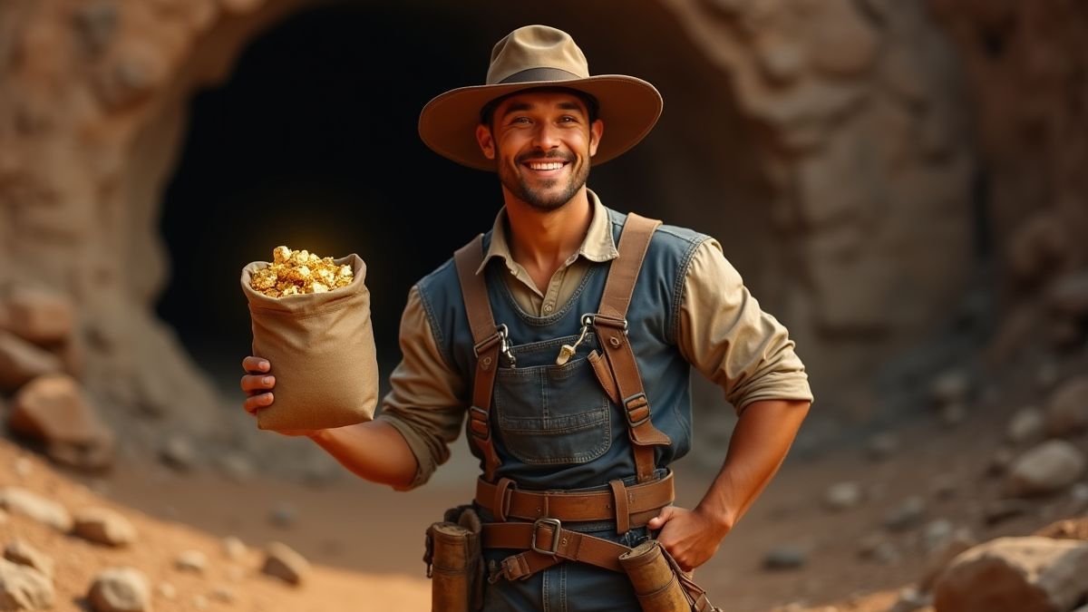 Um minerador feliz segurando uma bolsa de pepitas de ouro na frente de uma mina.