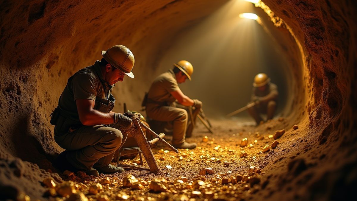 Mineros trabalhando em uma mina de ouro.