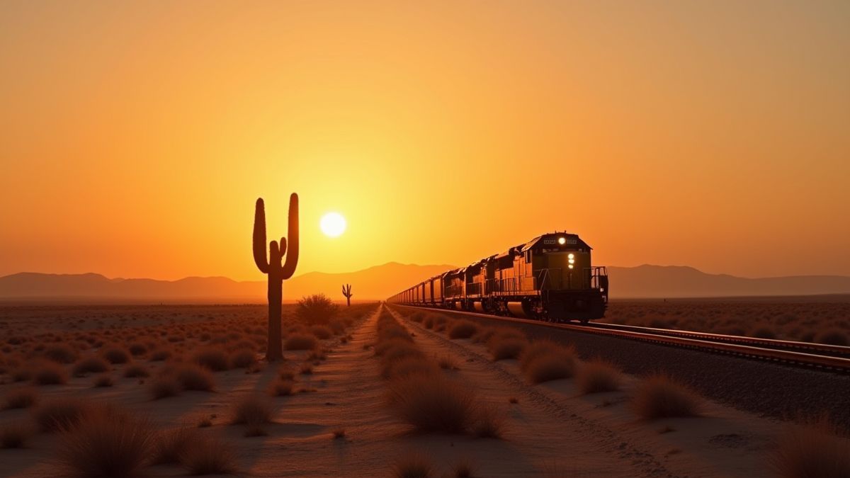 Locomotora cruzando o deserto ao atardecer.