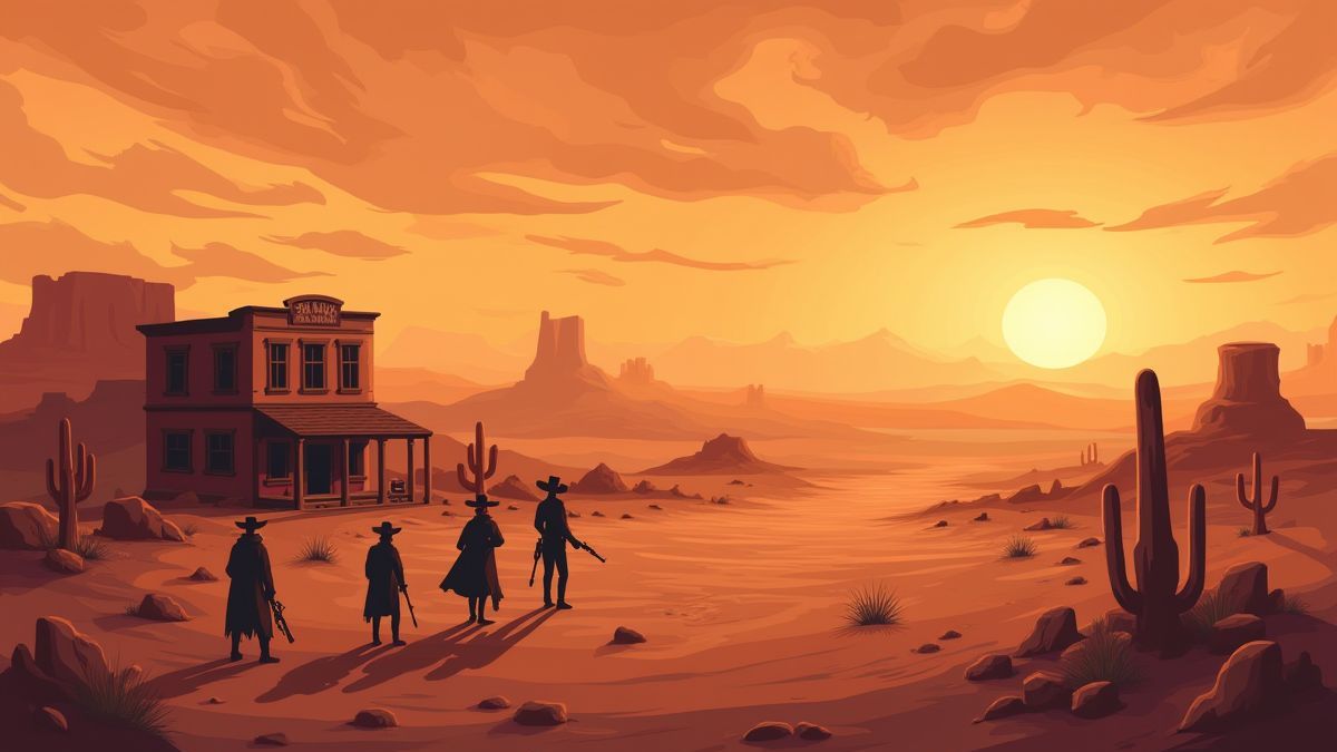 Desert landscape with a saloon and cowboys ready for a duel.