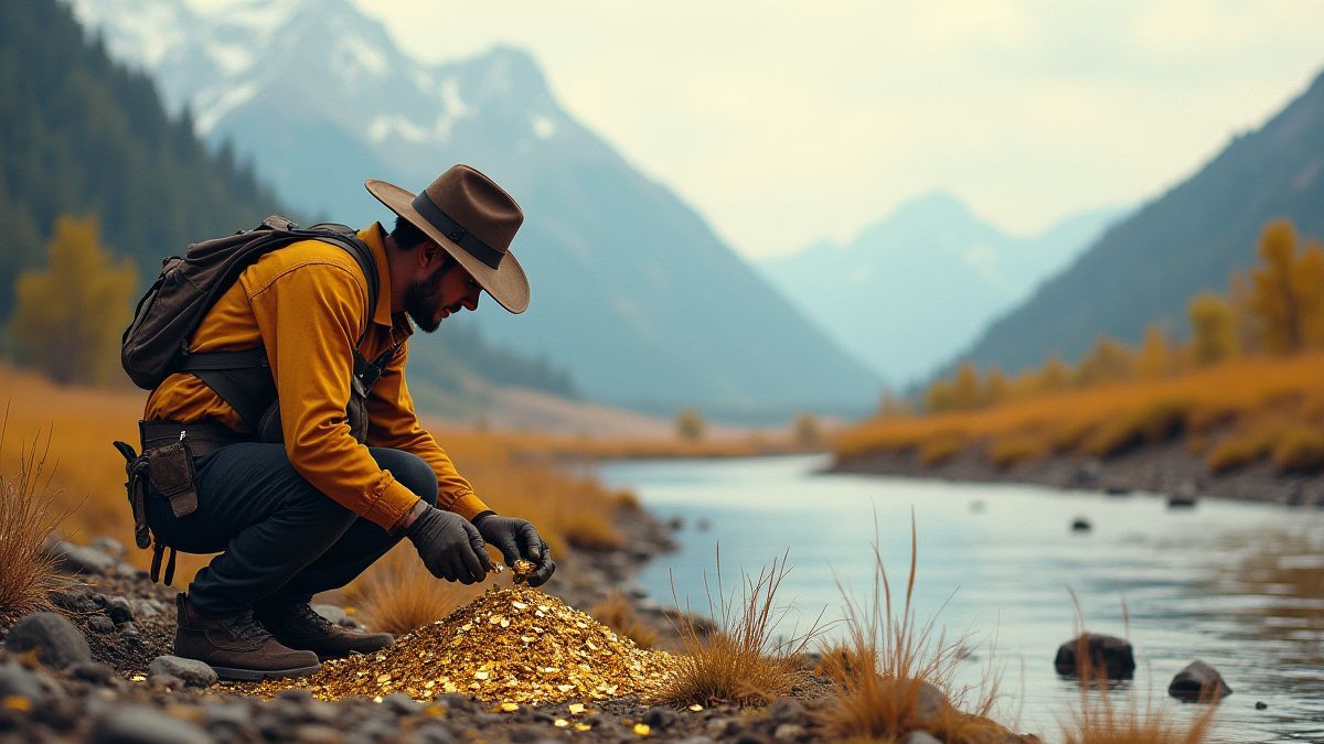 A prospector digging for gold near a river.