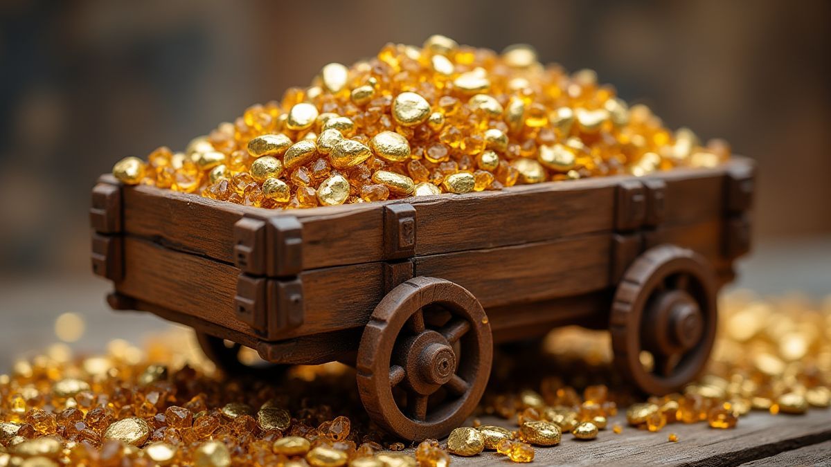 Um carrinho minerador cheio de ouro e pedras preciosas.