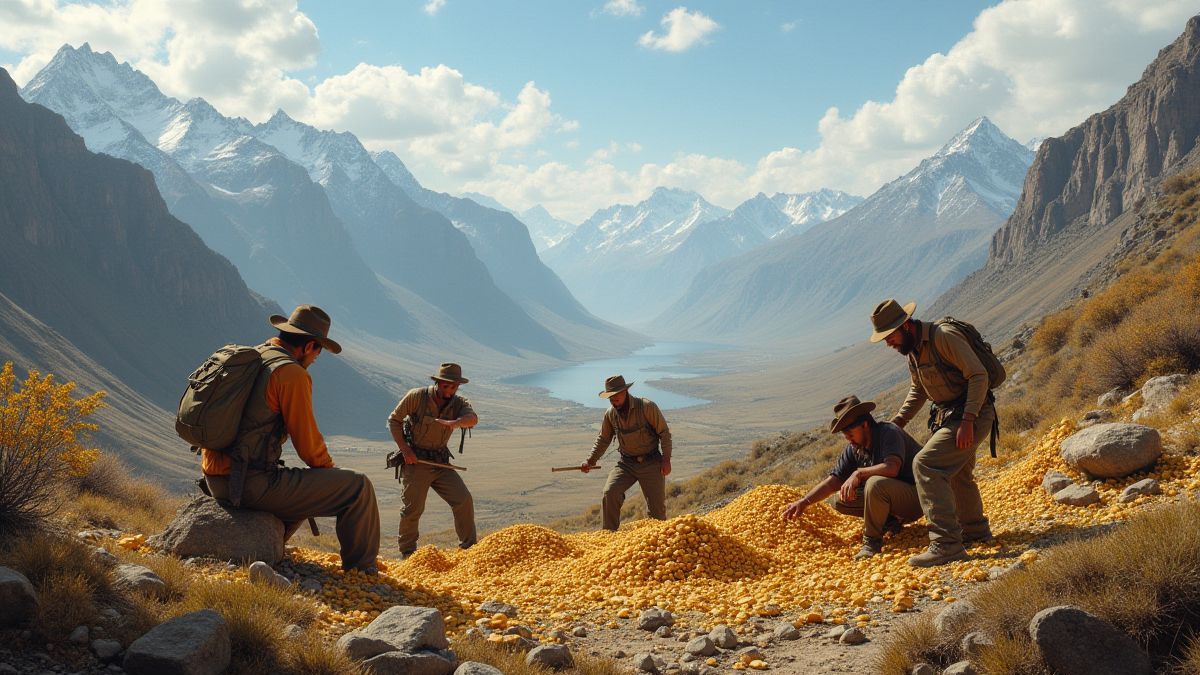 Miners working in search of gold in a picturesque valley.