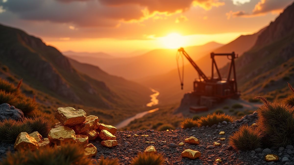 A valley at sunset with gold nuggets and mining equipment.