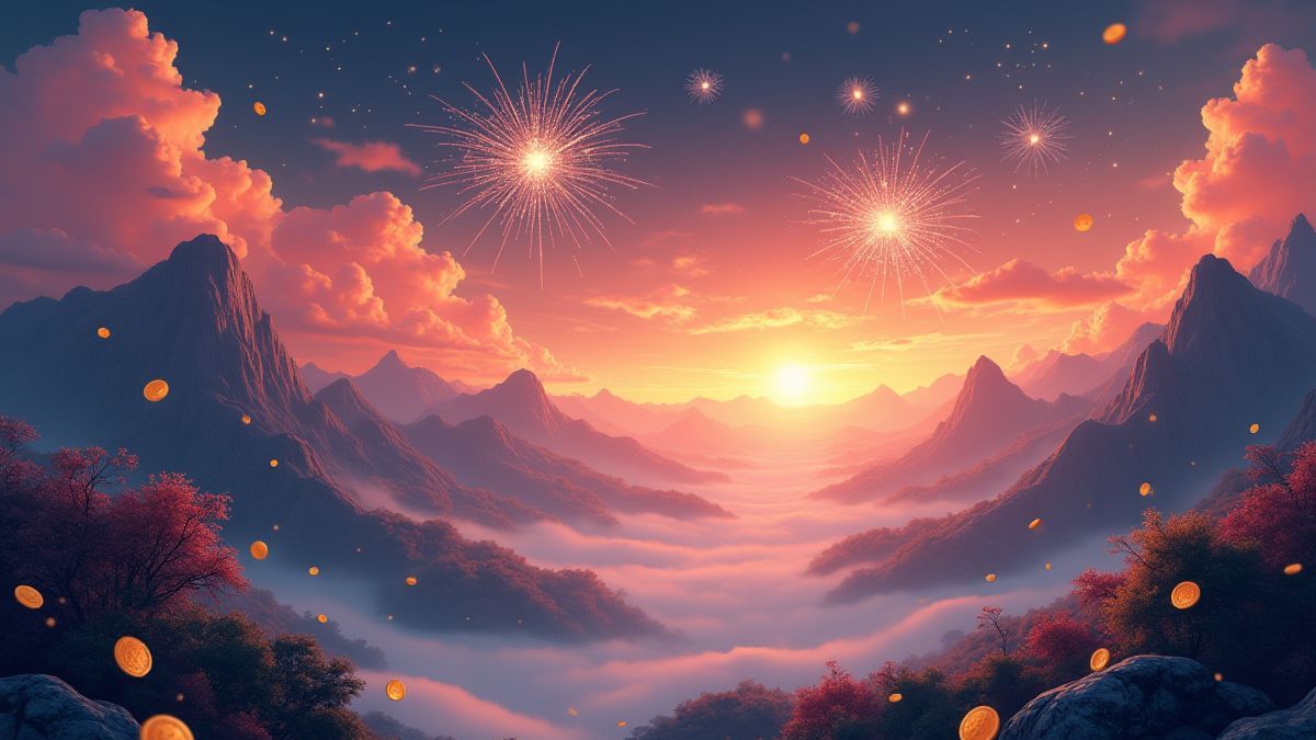 Montanha chinesa animada com fogos de artifício e moedas de ouro.