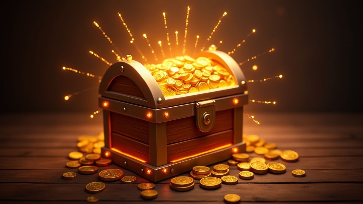 Cofre do tesouro brilhante rodeado de moedas de ouro e fogos de artifício.