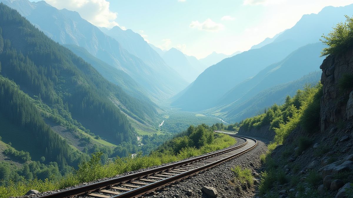 A scenic railway track winding through mountains and valleys.