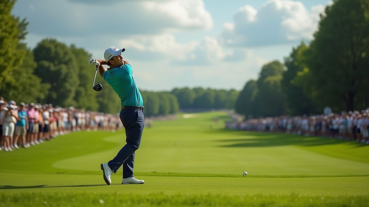 Un jugador de golf golpeando la bola en un campo verde mientras el público anima.