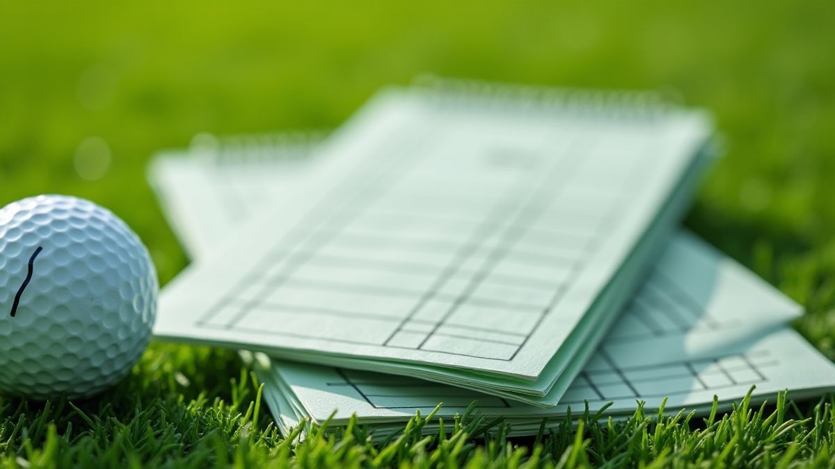 Tarjeta de puntuación y bola de golf en un campo verde.