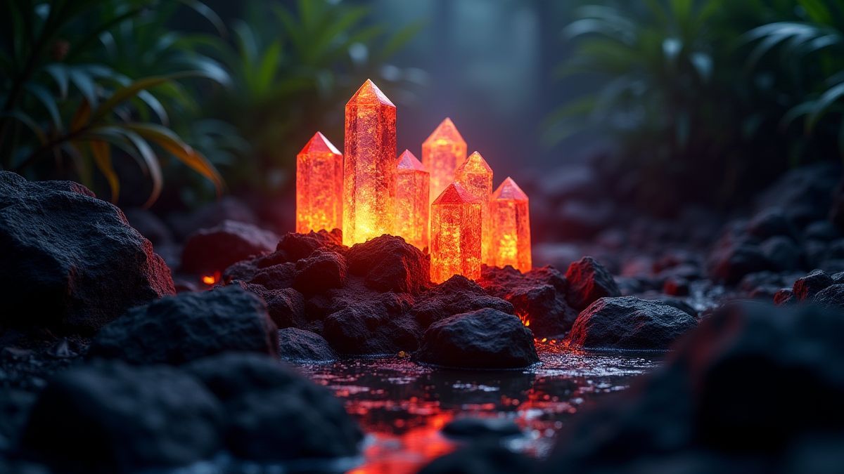Leuchtende Kristalle, die aus vulkanischen Felsen hervortreten.