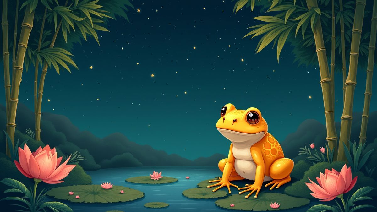 Un sapo dorado junto a bambúes y flores de loto bajo una noche estrellada.