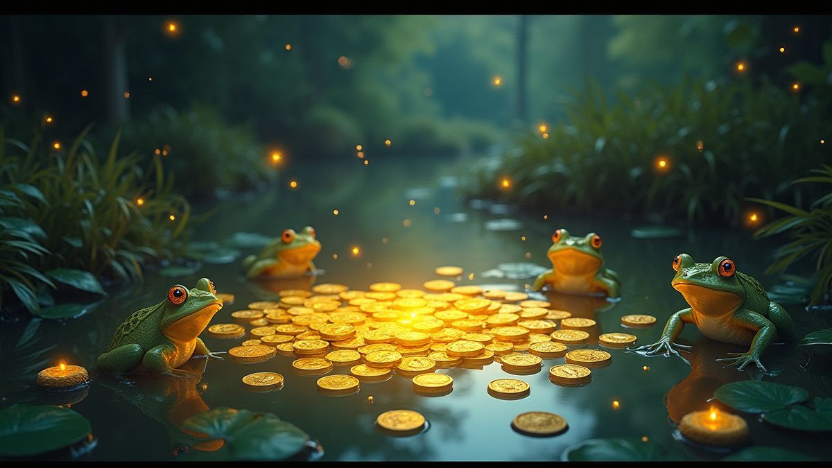 Un estanque brillante lleno de monedas doradas y rodeado de criaturas místicas.