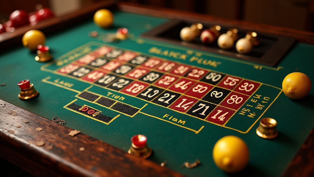 Vintage casino table with classic slot symbols like cherries and bells.