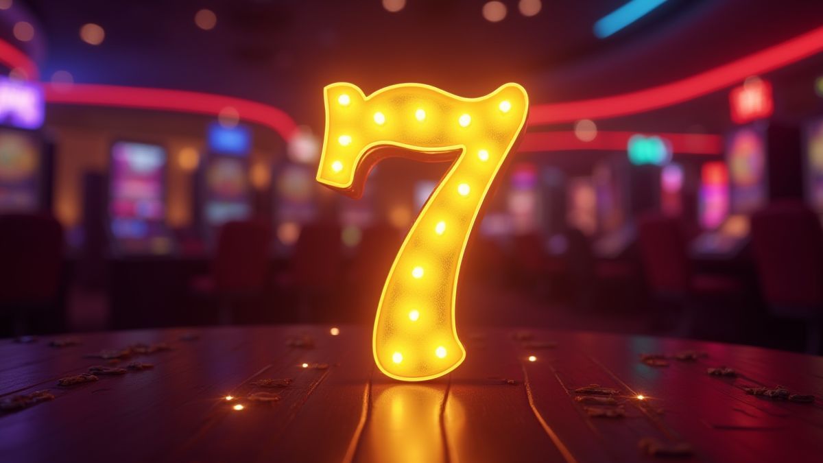 Shining golden number 7 on a neon-lit casino background.