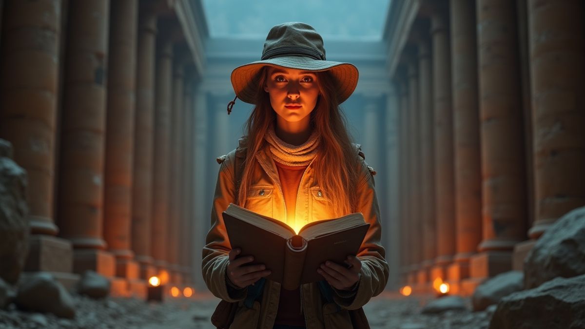 Weibliche Entdeckerin, die ein leuchtendes Buch vor einem antiken Tempel hält.