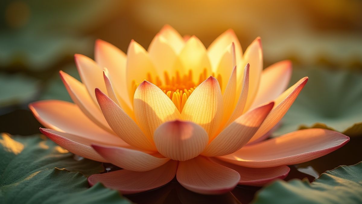 Flor de loto dourada rodeada de pétalos delicados.