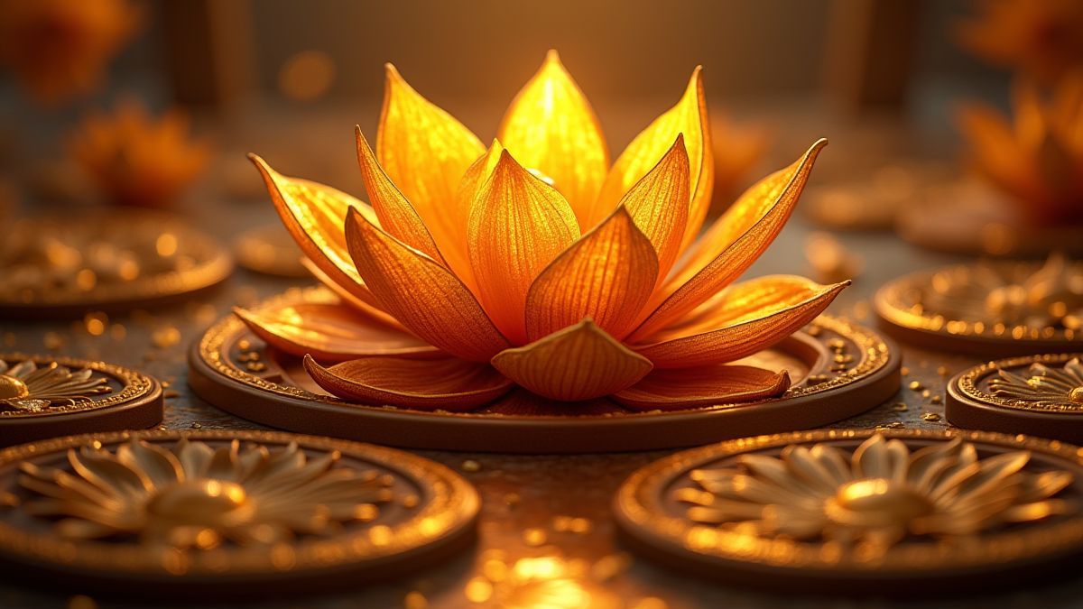 Flores de loto douradas bloqueadas nos carretéis do slot.