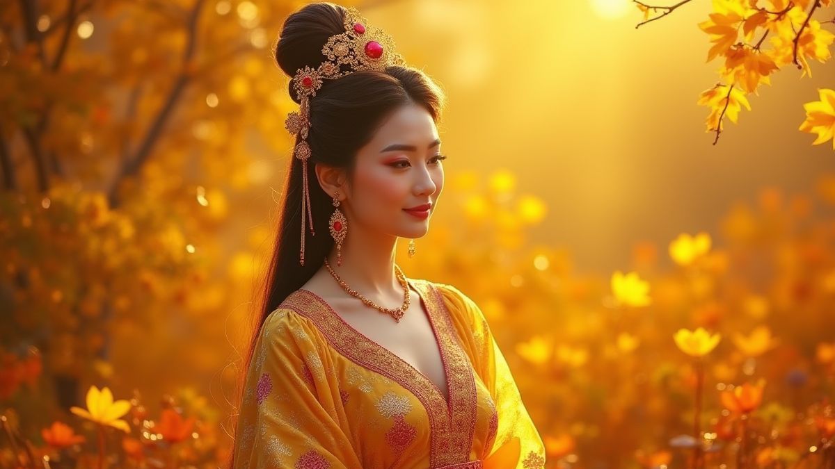 Imperatriz asiática elegante em um jardim dourado com adornos de rubi.