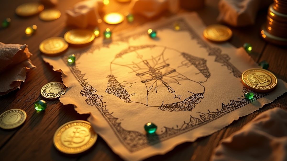 Un mapa del tesoro con monedas doradas y gemas brillantes.