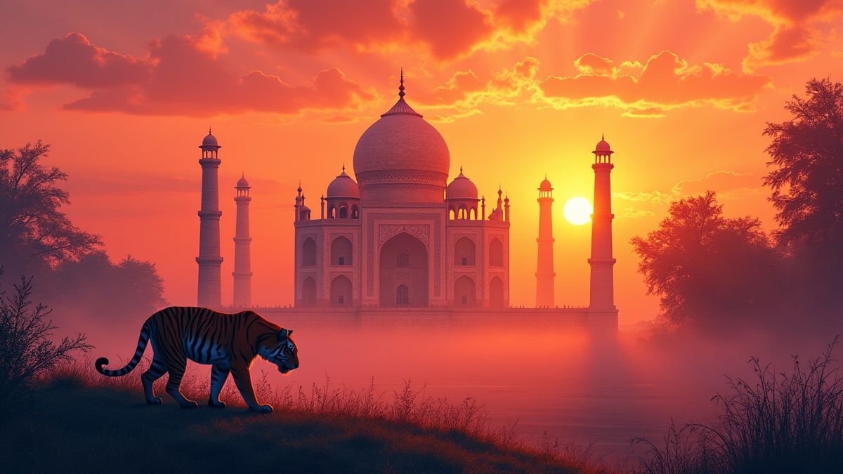 Der Taj Mahal bei Sonnenuntergang mit einem Tiger in der Nähe.