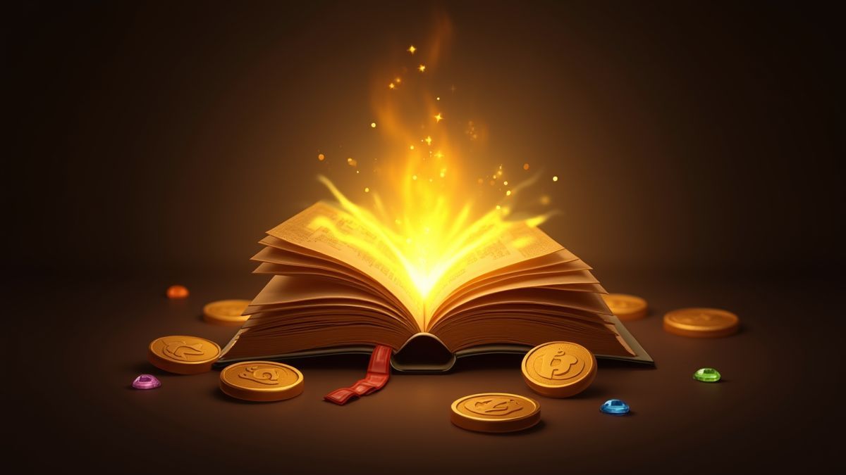 Ein goldenes Buch, das leuchtet und von Münzen und Edelsteinen umgeben ist.