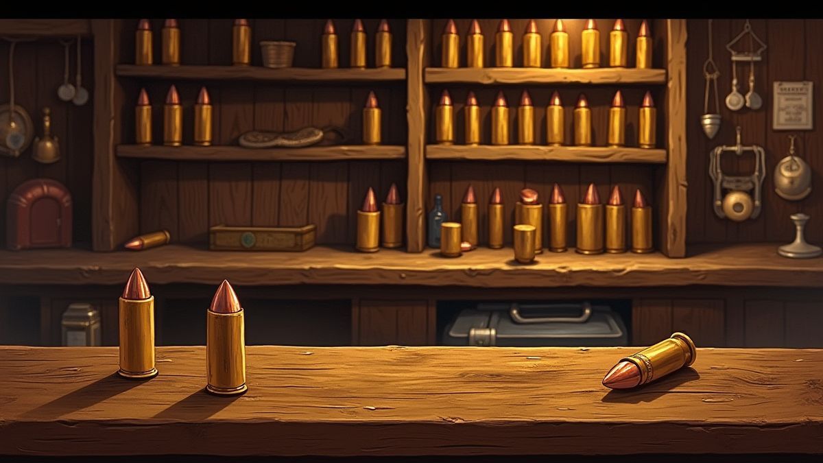 A western saloon with gold bullets on a wooden bar.