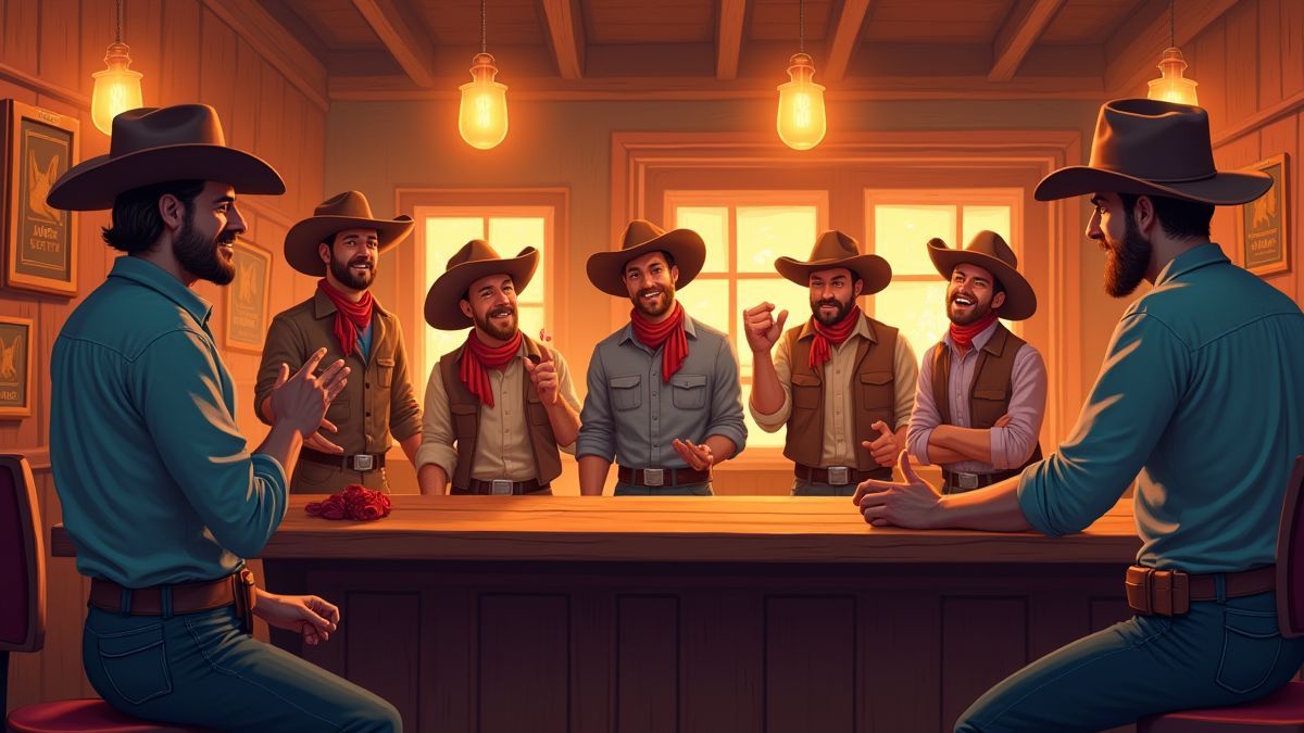 A group of cowboys celebrating a prize in a western saloon.