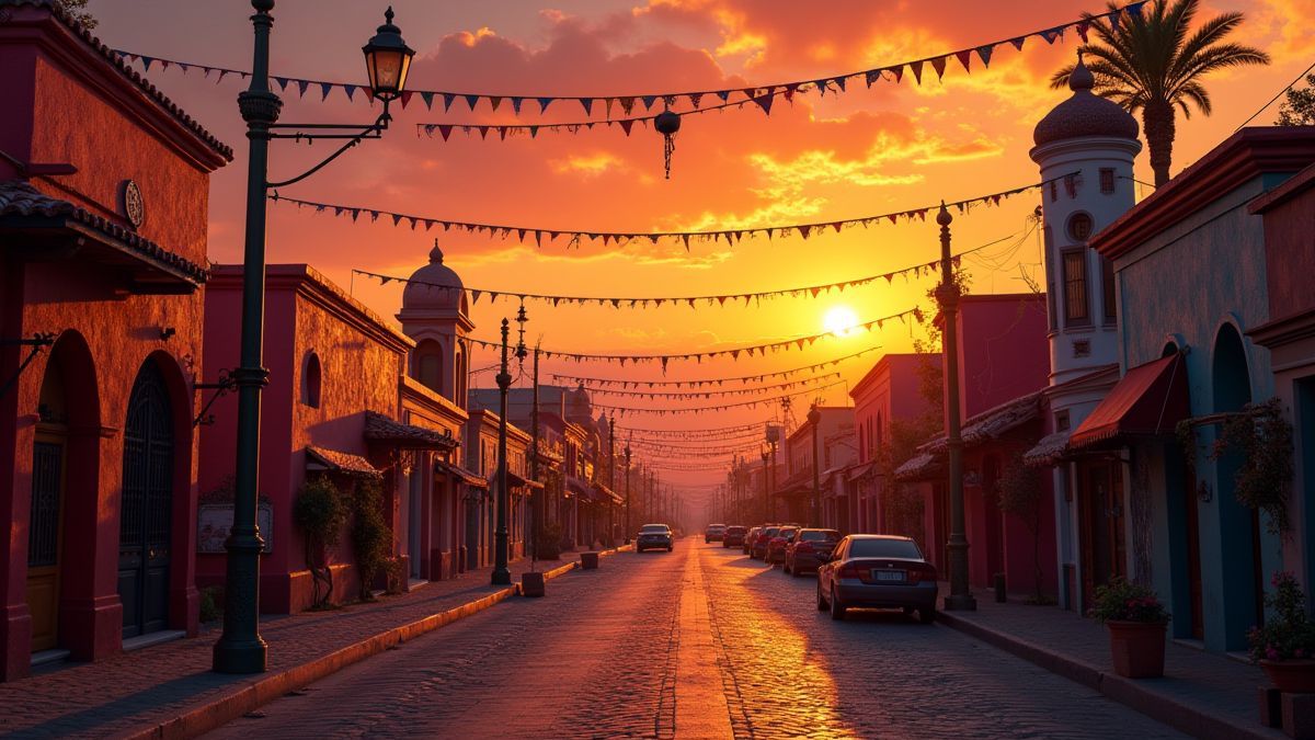 Mexikanisches Dorf, das für den Día de los Muertos bei Sonnenuntergang dekoriert ist.