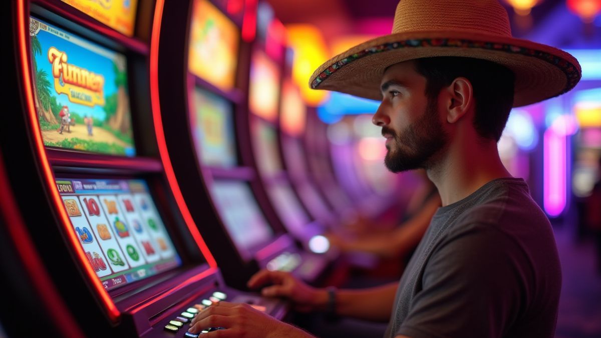 Spieler, der einen Spielautomaten mit mexikanischer Thematik genießt.