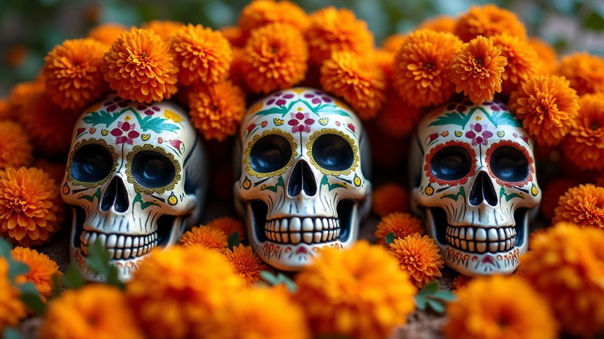 Festliche Totenschädel und Cempasúchil-Blumen in einer bunten Anordnung.