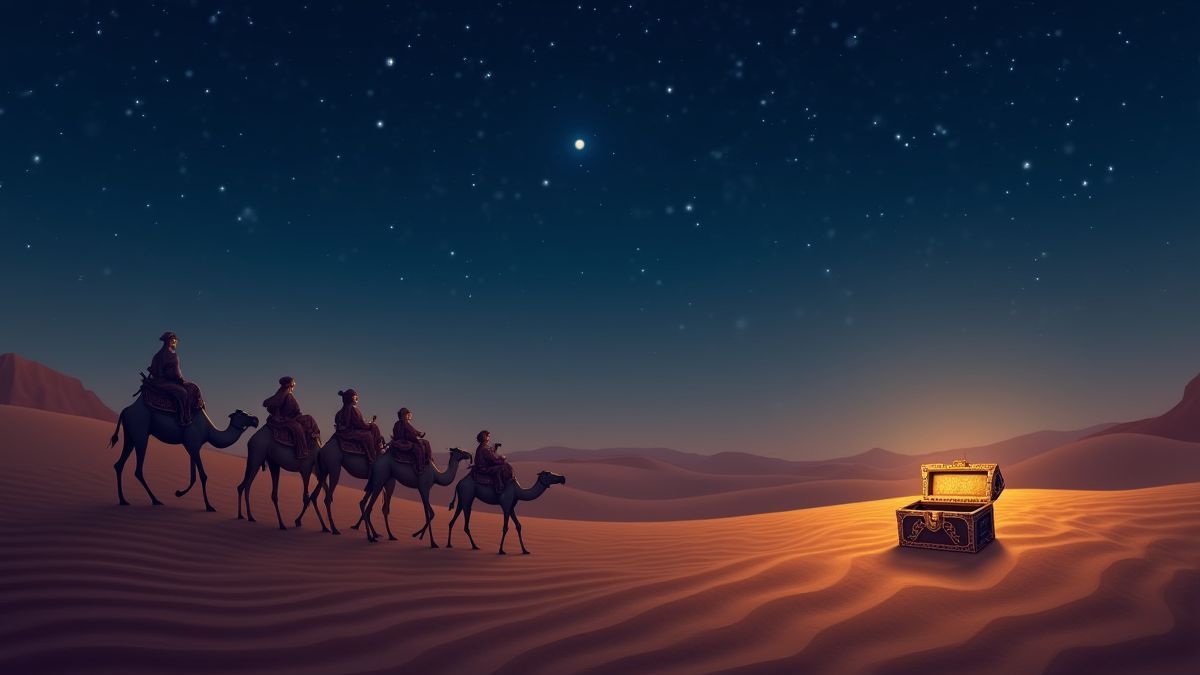 Karawane von Kamelen unter einem sternenklaren Himmel mit einer Schatztruhe.